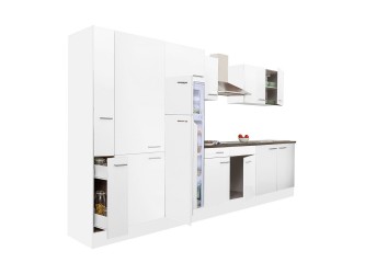 Yorki 360 konyhabútor fehér korpusz,selyemfényű fehér fronttal polcos szekrénnyel és felülfagyasztós hűtős szekrénnyel