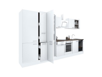 Yorki 360 konyhabútor fehér korpusz,selyemfényű fehér front alsó sütős elemmel polcos szekrénnyel és alulfagyasztós hűtős szekrénnyel