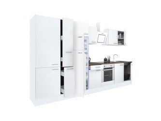 Yorki 360 konyhabútor fehér korpusz,selyemfényű fehér front alsó sütős elemmel polcos szekrénnyel és felülfagyasztós hűtős szekrénnyel