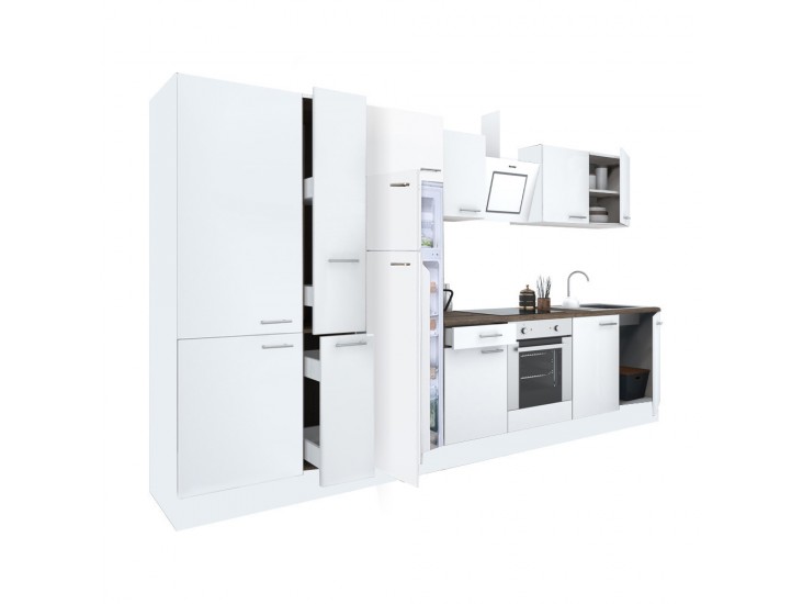 Yorki 360 konyhabútor fehér korpusz,selyemfényű fehér front alsó sütős elemmel polcos szekrénnyel és felülfagyasztós hűtős szekrénnyel
