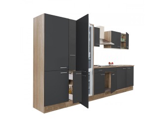 Yorki 360 konyhabútor sonoma tölgy korpusz,selyemfényű antracit fronttal polcos szekrénnyel és alulfagyasztós hűtős szekrénnyel