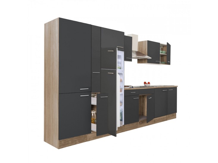 Yorki 360 konyhabútor sonoma tölgy korpusz,selyemfényű antracit fronttal polcos szekrénnyel és felülfagyasztós hűtős szekrénnyel