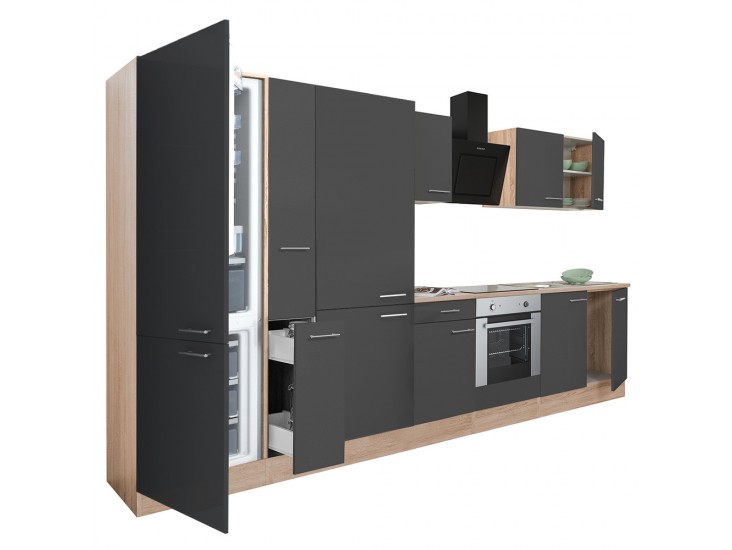 Yorki 360 konyhabútor sonoma tölgy korpusz,selyemfényű antracit front alsó sütős elemmel polcos szekrénnyel és alulfagyasztós hűtős szekrénnyel