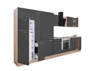 Yorki 360 konyhabútor sonoma tölgy korpusz,selyemfényű antracit front alsó sütős elemmel polcos szekrénnyel és felülfagyasztós hűtős szekrénnyel