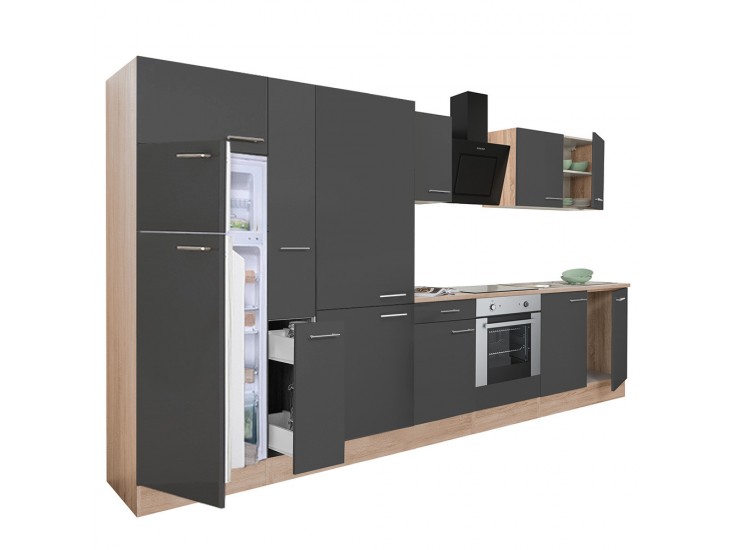 Yorki 360 konyhabútor sonoma tölgy korpusz,selyemfényű antracit front alsó sütős elemmel polcos szekrénnyel és felülfagyasztós hűtős szekrénnyel
