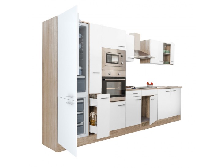 Yorki 360 konyhabútor sonoma tölgy korpusz,selyemfényű fehér fronttal alulfagyasztós hűtős szekrénnyel