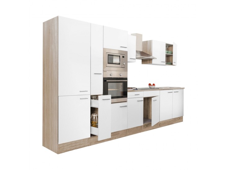 Yorki 360 konyhabútor sonoma tölgy korpusz,selyemfényű fehér fronttal polcos szekrénnyel