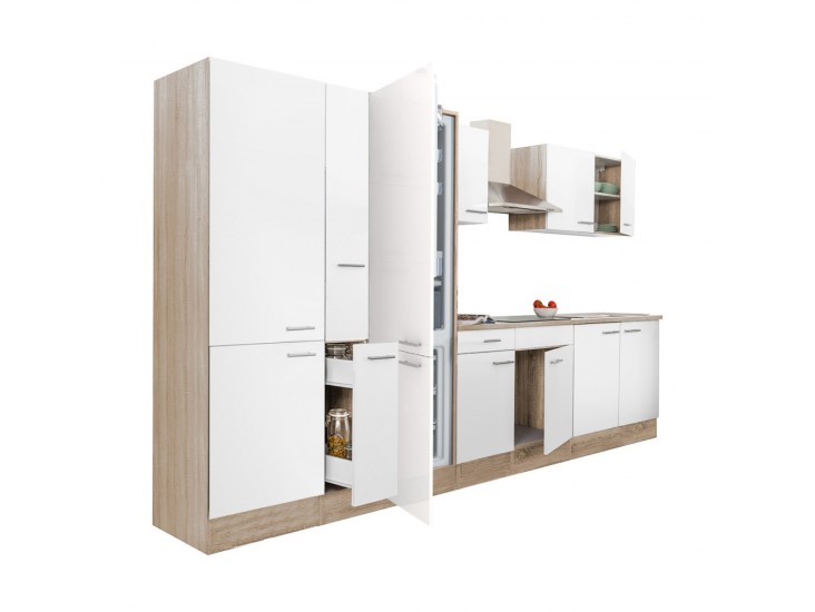 Yorki 360 konyhabútor sonoma tölgy korpusz,selyemfényű fehér fronttal polcos szekrénnyel és alulfagyasztós hűtős szekrénnyel