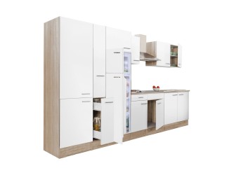 Yorki 360 konyhabútor sonoma tölgy korpusz,selyemfényű fehér fronttal polcos szekrénnyel és felülfagyasztós hűtős szekrénnyel