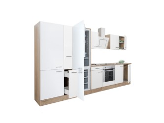 Yorki 360 konyhabútor sonoma tölgy korpusz,selyemfényű fehér front alsó sütős elemmel polcos szekrénnyel és alulfagyasztós hűtős szekrénnyel