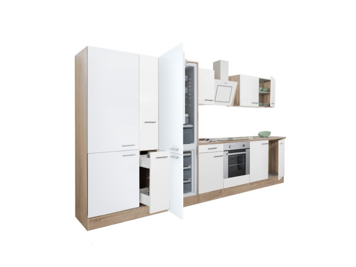 Yorki 360 konyhabútor sonoma tölgy korpusz,selyemfényű fehér front alsó sütős elemmel polcos szekrénnyel és alulfagyasztós hűtős szekrénnyel