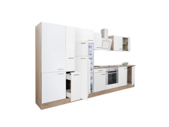 Yorki 360 konyhabútor sonoma tölgy korpusz,selyemfényű fehér front alsó sütős elemmel polcos szekrénnyel és felülfagyasztós hűtős szekrénnyel