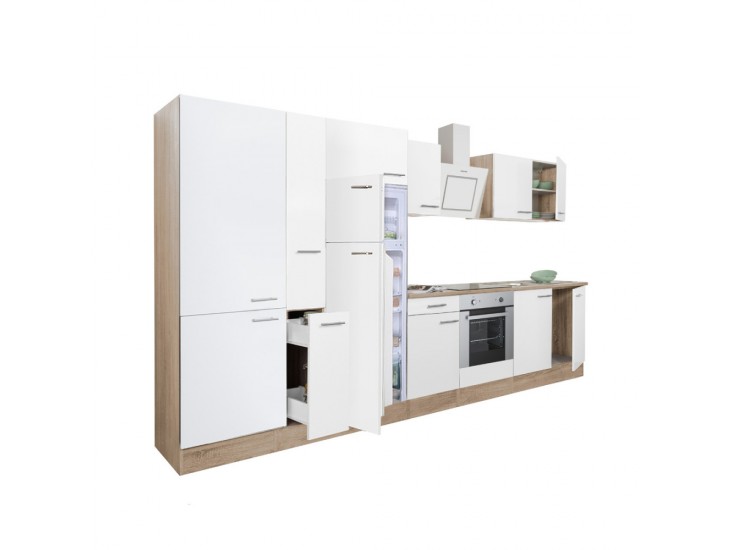 Yorki 360 konyhabútor sonoma tölgy korpusz,selyemfényű fehér front alsó sütős elemmel polcos szekrénnyel és felülfagyasztós hűtős szekrénnyel