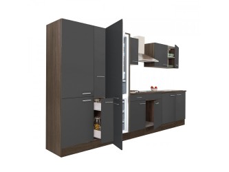 Yorki 360 konyhabútor yorki tölgy korpusz,selyemfényű antracit fronttal polcos szekrénnyel és alulfagyasztós hűtős szekrénnyel