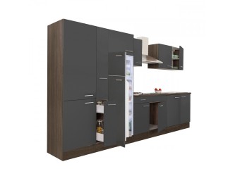 Yorki 360 konyhabútor yorki tölgy korpusz,selyemfényű antracit fronttal polcos szekrénnyel és felülfagyasztós hűtős szekrénnyel