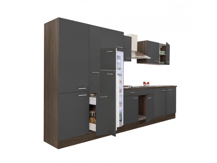 Yorki 360 konyhabútor yorki tölgy korpusz,selyemfényű antracit fronttal polcos szekrénnyel és felülfagyasztós hűtős szekrénnyel