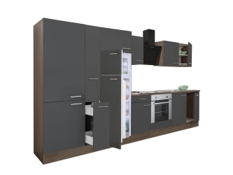 Yorki 360 konyhabútor yorki tölgy korpusz,selyemfényű antracit front alsó sütős elemmel polcos szekrénnyel és felülfagyasztós hűtős szekrénnyel