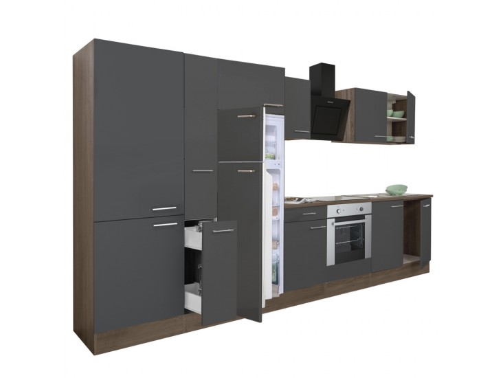 Yorki 360 konyhabútor yorki tölgy korpusz,selyemfényű antracit front alsó sütős elemmel polcos szekrénnyel és felülfagyasztós hűtős szekrénnyel