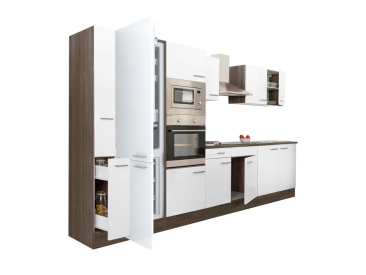 Yorki 360 konyhabútor yorki tölgy korpusz,selyemfényű fehér fronttal alulfagyasztós hűtős szekrénnyel