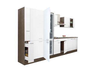 Yorki 360 konyhabútor yorki tölgy korpusz,selyemfényű fehér fronttal polcos szekrénnyel és alulfagyasztós hűtős szekrénnyel