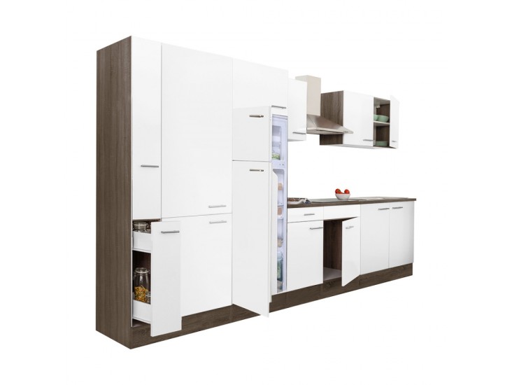 Yorki 360 konyhabútor yorki tölgy korpusz,selyemfényű fehér fronttal polcos szekrénnyel és felülfagyasztós hűtős szekrénnyel