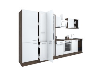 Yorki 360 konyhabútor yorki tölgy korpusz,selyemfényű fehér front alsó sütős elemmel polcos szekrénnyel és alulfagyasztós hűtős szekrénnyel