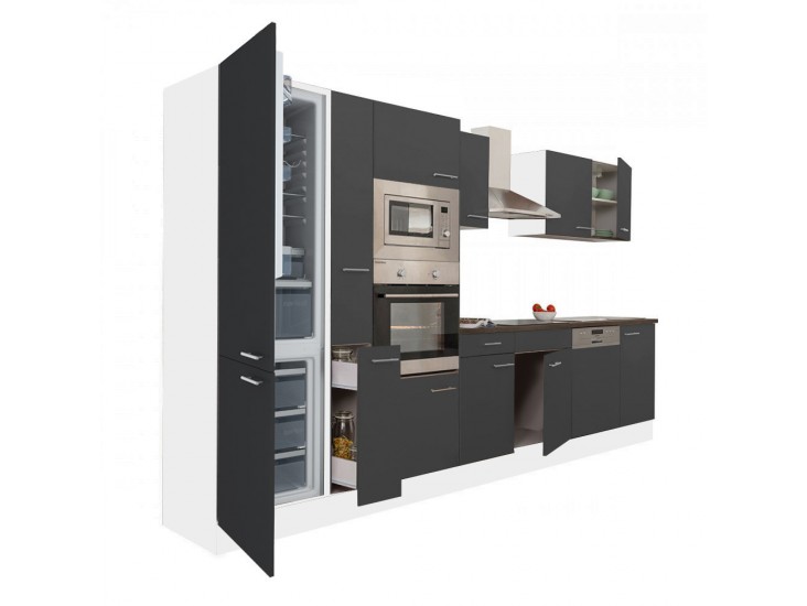 Yorki 370 konyhabútor fehér korpusz,selyemfényű antracit fronttal alulfagyasztós hűtős szekrénnyel