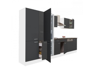Yorki 370 konyhabútor fehér korpusz,selyemfényű antracit fronttal polcos szekrénnyel és alulfagyasztós hűtős szekrénnyel
