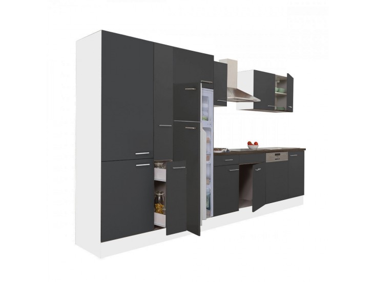 Yorki 370 konyhabútor fehér korpusz,selyemfényű antracit fronttal polcos szekrénnyel és felülfagyasztós hűtős szekrénnyel