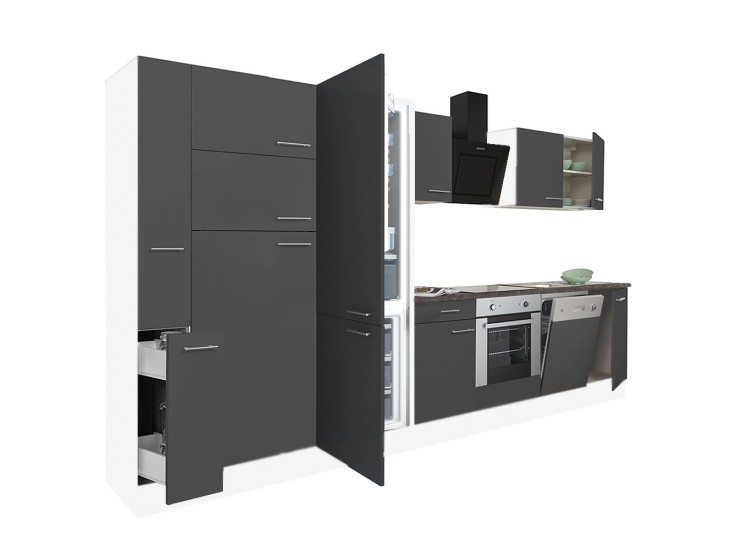 Yorki 370 konyhabútor fehér korpusz,selyemfényű antracit front alsó sütős elemmel polcos szekrénnyel és alulfagyasztós hűtős szekrénnyel