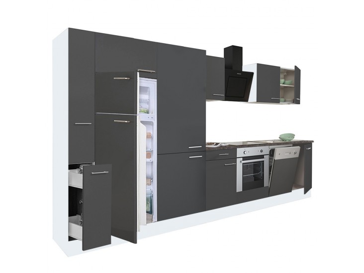 Yorki 370 konyhabútor fehér korpusz,selyemfényű antracit front alsó sütős elemmel polcos szekrénnyel és felülfagyasztós hűtős szekrénnyel