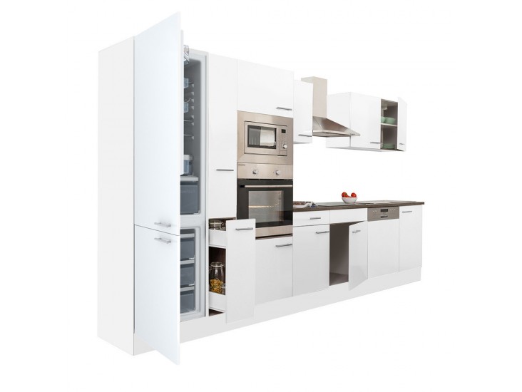 Yorki 370 konyhabútor fehér korpusz,selyemfényű fehér fronttal alulfagyasztós hűtős szekrénnyel