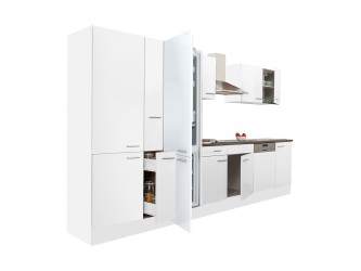 Yorki 370 konyhabútor fehér korpusz,selyemfényű fehér fronttal polcos szekrénnyel és alulfagyasztós hűtős szekrénnyel