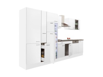 Yorki 370 konyhabútor fehér korpusz,selyemfényű fehér fronttal polcos szekrénnyel és felülfagyasztós hűtős szekrénnyel