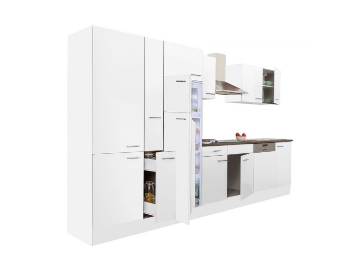 Yorki 370 konyhabútor fehér korpusz,selyemfényű fehér fronttal polcos szekrénnyel és felülfagyasztós hűtős szekrénnyel