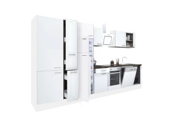 Yorki 370 konyhabútor fehér korpusz,selyemfényű fehér front alsó sütős elemmel polcos szekrénnyel és felülfagyasztós hűtős szekrénnyel