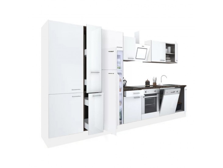 Yorki 370 konyhabútor fehér korpusz,selyemfényű fehér front alsó sütős elemmel polcos szekrénnyel és felülfagyasztós hűtős szekrénnyel