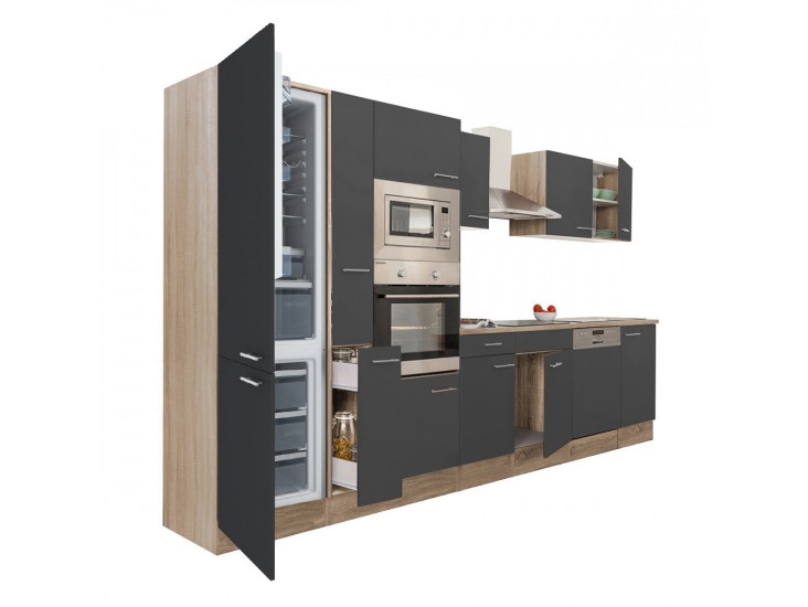 Yorki 370 konyhabútor sonoma tölgy korpusz,selyemfényű antracit fronttal alulfagyasztós hűtős szekrénnyel