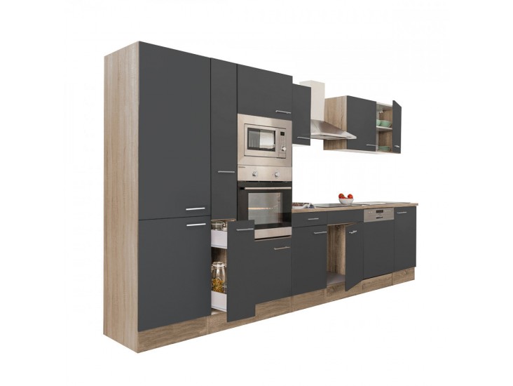 Yorki 370 konyhabútor sonoma tölgy korpusz,selyemfényű antracit fronttal polcos szekrénnyel