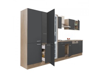 Yorki 370 konyhabútor sonoma tölgy korpusz,selyemfényű antracit fronttal polcos szekrénnyel és alulfagyasztós hűtős szekrénnyel