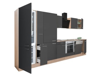 Yorki 370 konyhabútor sonoma tölgy korpusz,selyemfényű antracit front alsó sütős elemmel polcos szekrénnyel és alulfagyasztós hűtős szekrénnyel