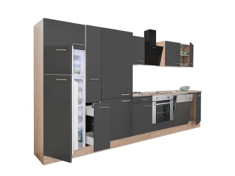 Yorki 370 konyhabútor sonoma tölgy korpusz,selyemfényű antracit front alsó sütős elemmel polcos szekrénnyel és felülfagyasztós hűtős szekrénnyel