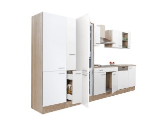 Yorki 370 konyhabútor sonoma tölgy korpusz,selyemfényű fehér fronttal polcos szekrénnyel és alulfagyasztós hűtős szekrénnyel