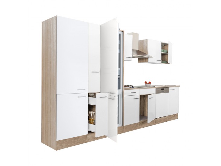 Yorki 370 konyhabútor sonoma tölgy korpusz,selyemfényű fehér fronttal polcos szekrénnyel és alulfagyasztós hűtős szekrénnyel