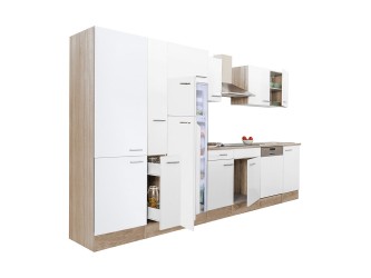 Yorki 370 konyhabútor sonoma tölgy korpusz,selyemfényű fehér fronttal polcos szekrénnyel és felülfagyasztós hűtős szekrénnyel