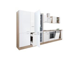 Yorki 370 konyhabútor sonoma tölgy korpusz,selyemfényű fehér front alsó sütős elemmel polcos szekrénnyel és alulfagyasztós hűtős szekrénnyel