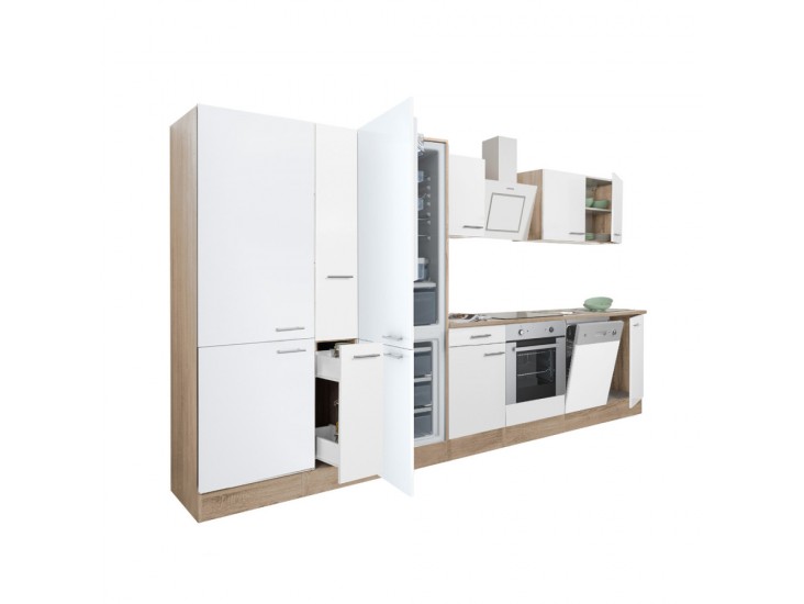 Yorki 370 konyhabútor sonoma tölgy korpusz,selyemfényű fehér front alsó sütős elemmel polcos szekrénnyel és alulfagyasztós hűtős szekrénnyel