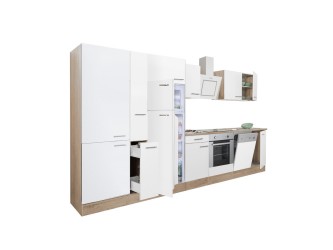 Yorki 370 konyhabútor sonoma tölgy korpusz,selyemfényű fehér front alsó sütős elemmel polcos szekrénnyel és felülfagyasztós hűtős szekrénnyel