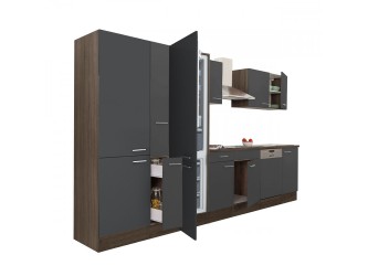 Yorki 370 konyhabútor yorki tölgy korpusz,selyemfényű antracit fronttal polcos szekrénnyel és alulfagyasztós hűtős szekrénnyel