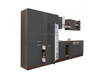 Yorki 370 konyhabútor yorki tölgy korpusz,selyemfényű antracit fronttal polcos szekrénnyel és felülfagyasztós hűtős szekrénnyel